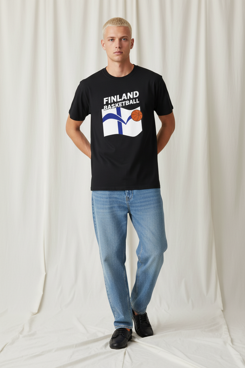 Man wearing Finland Basketball t-shirt with flag and bouncing basketball graphic, AI gen