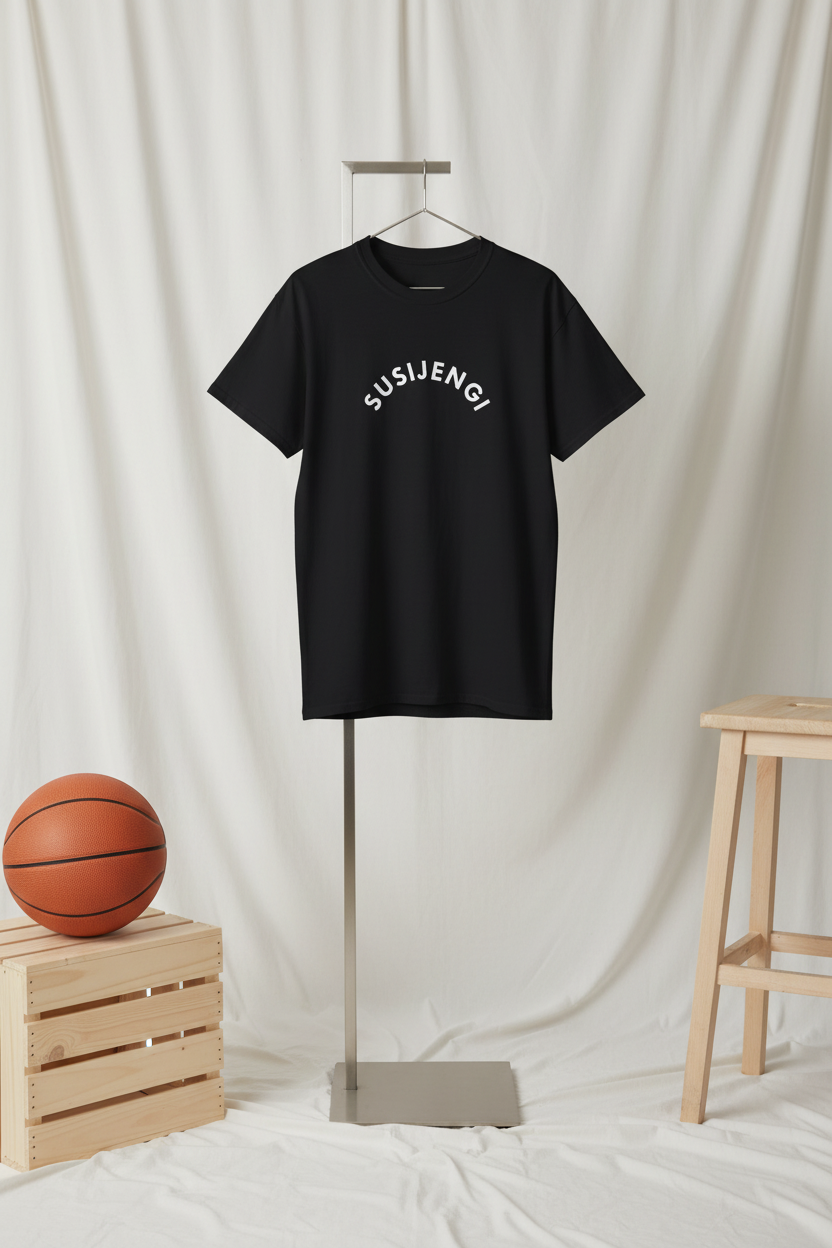 Black susijengi t-shirt hanging in a studio setting, AI gen.