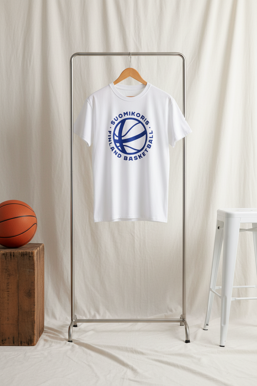 White t-shirt with a blue Suomikoris (Finland basketball) logo on a hanger against a beige curtain background