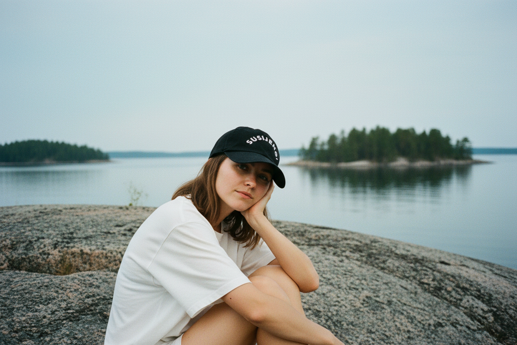 Person wearing a Susijengi dad cap sitting on a rock by a body of water with islands in the background